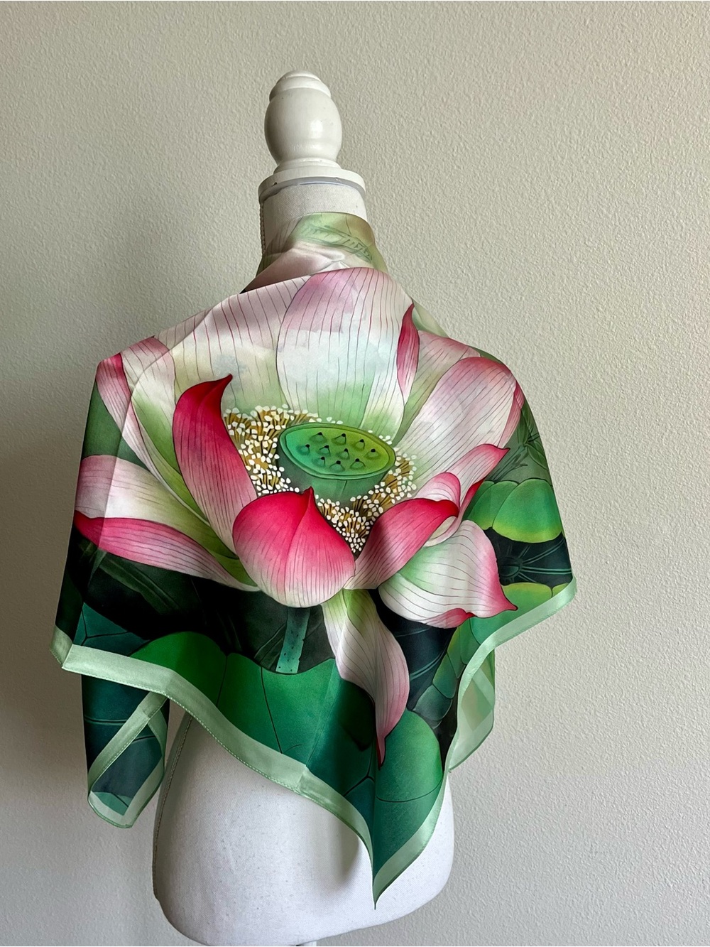 100% silk Florals  Lotus Silk Scarf with Pink & Green Watercolor Design - Picture 10 of 10